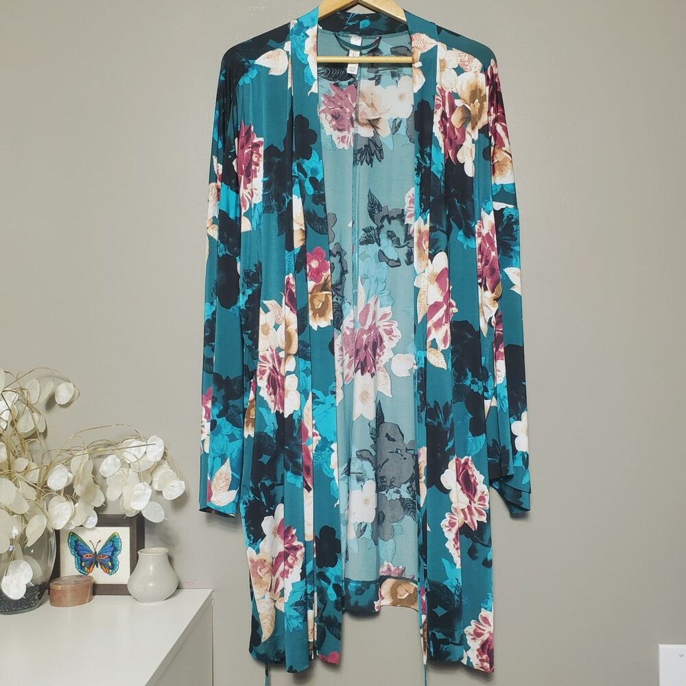 Lane Bryant Cacique Robe Womens Size 26/28 Green Floral Sleep Lounge Soft Cozy